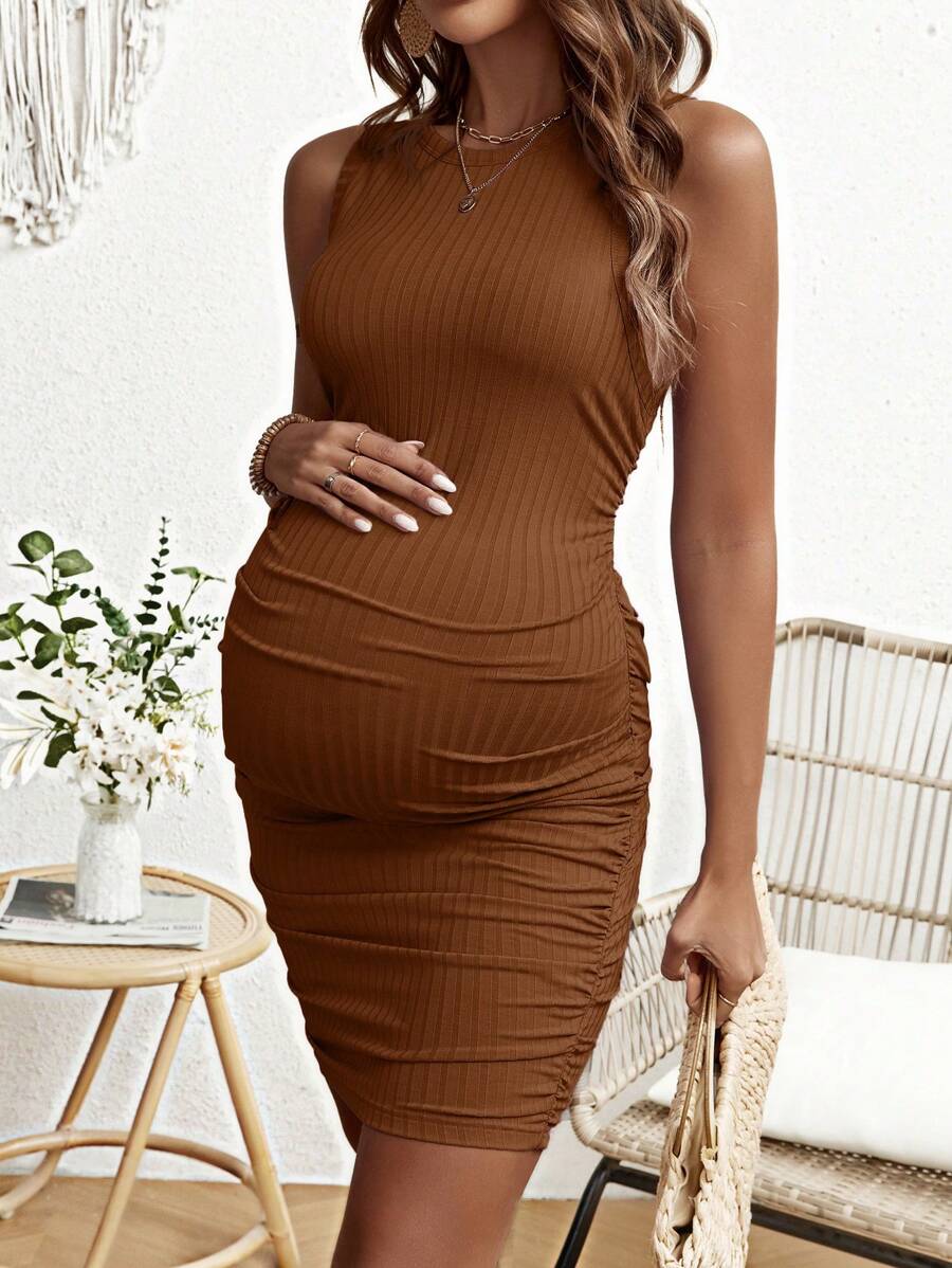 Maternity Active Sleeveless Bodycon Mini Dress Casual Round Neck Ruched Tank Dress for Daily Wear