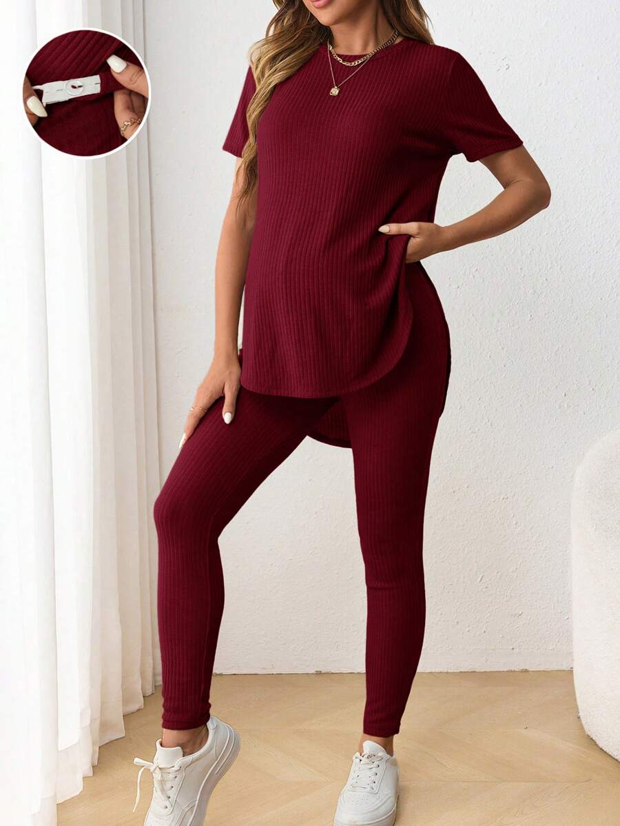 Navy Blue Maternity 2-Piece Set with Side Slit Short Sleeve Tee and Adjustable Waist Loose Legging Pants