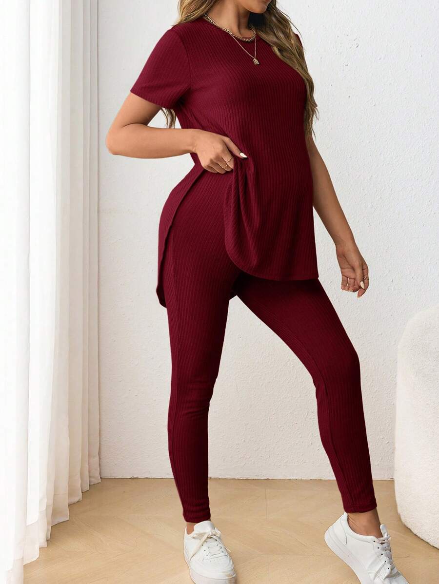 Navy Blue Maternity 2-Piece Set with Side Slit Short Sleeve Tee and Adjustable Waist Loose Legging Pants