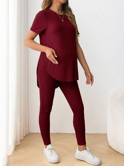 Navy Blue Maternity 2-Piece Set with Side Slit Short Sleeve Tee and Adjustable Waist Loose Legging Pants