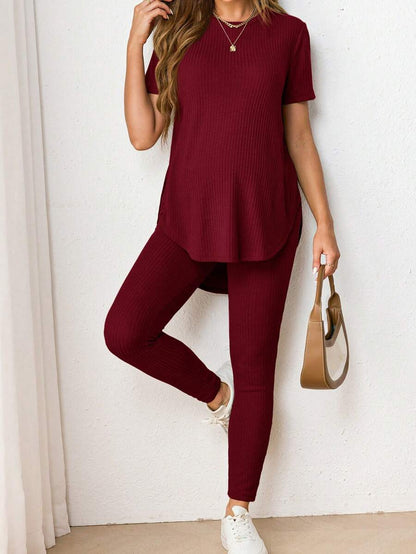 Navy Blue Maternity 2-Piece Set with Side Slit Short Sleeve Tee and Adjustable Waist Loose Legging Pants