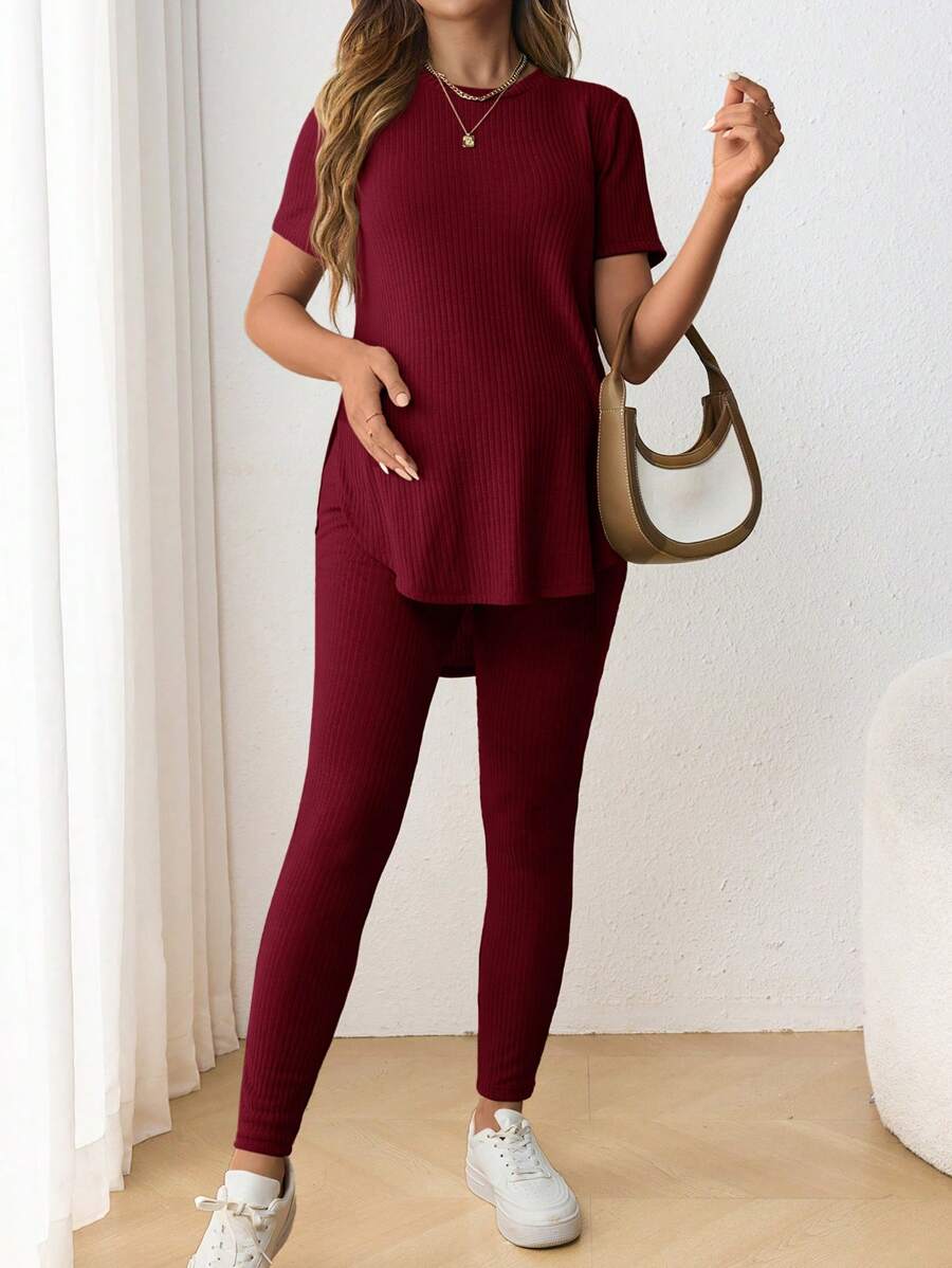 Navy Blue Maternity 2-Piece Set with Side Slit Short Sleeve Tee and Adjustable Waist Loose Legging Pants