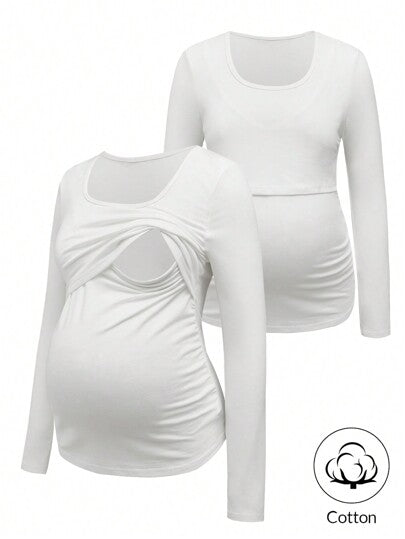 1 pc Maternity Long Sleeve Nursing T-Shirt – Solid Color Round Neck Breastfeeding Top