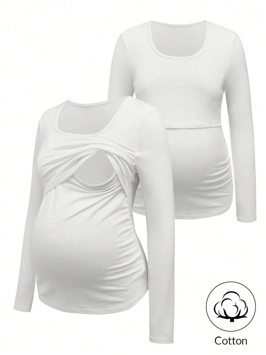 1 pc Maternity Long Sleeve Nursing T-Shirt – Solid Color Round Neck Breastfeeding Top