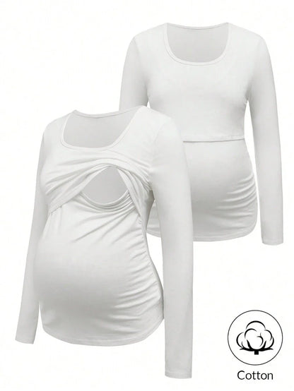 1 pc Maternity Long Sleeve Nursing T-Shirt – Solid Color Round Neck Breastfeeding Top