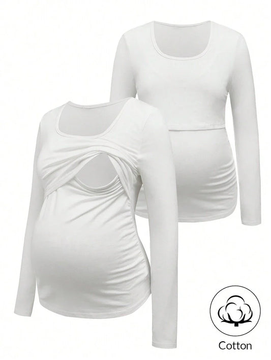1 pc Maternity Long Sleeve Nursing T-Shirt – Solid Color Round Neck Breastfeeding Top