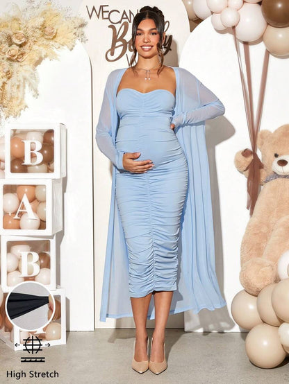 Maternity 2 Piece Set Solid Brown Long Sleeve Long Cardigan and Ruched Camisole Midi Bodycon Dress for Thanksgiving