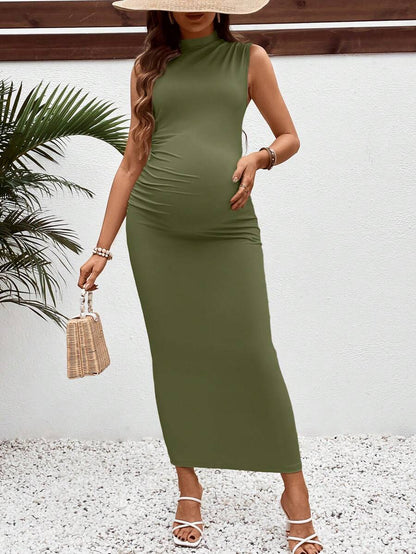 Maternity Casual V-Neck Fitted Long Ruched Tank Dress in Navy Blue - Slim Fit Sleeveless Knitted Beach Maxi for Summer