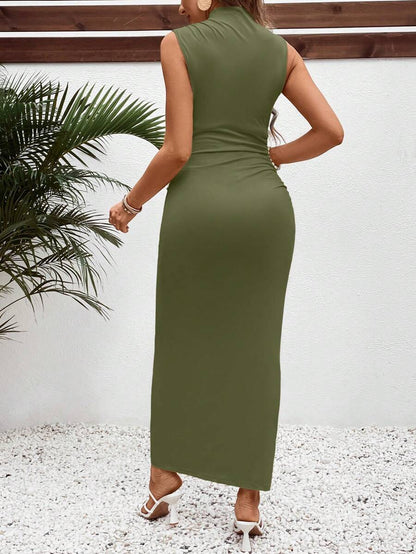 Maternity Casual V-Neck Fitted Long Ruched Tank Dress in Navy Blue - Slim Fit Sleeveless Knitted Beach Maxi for Summer