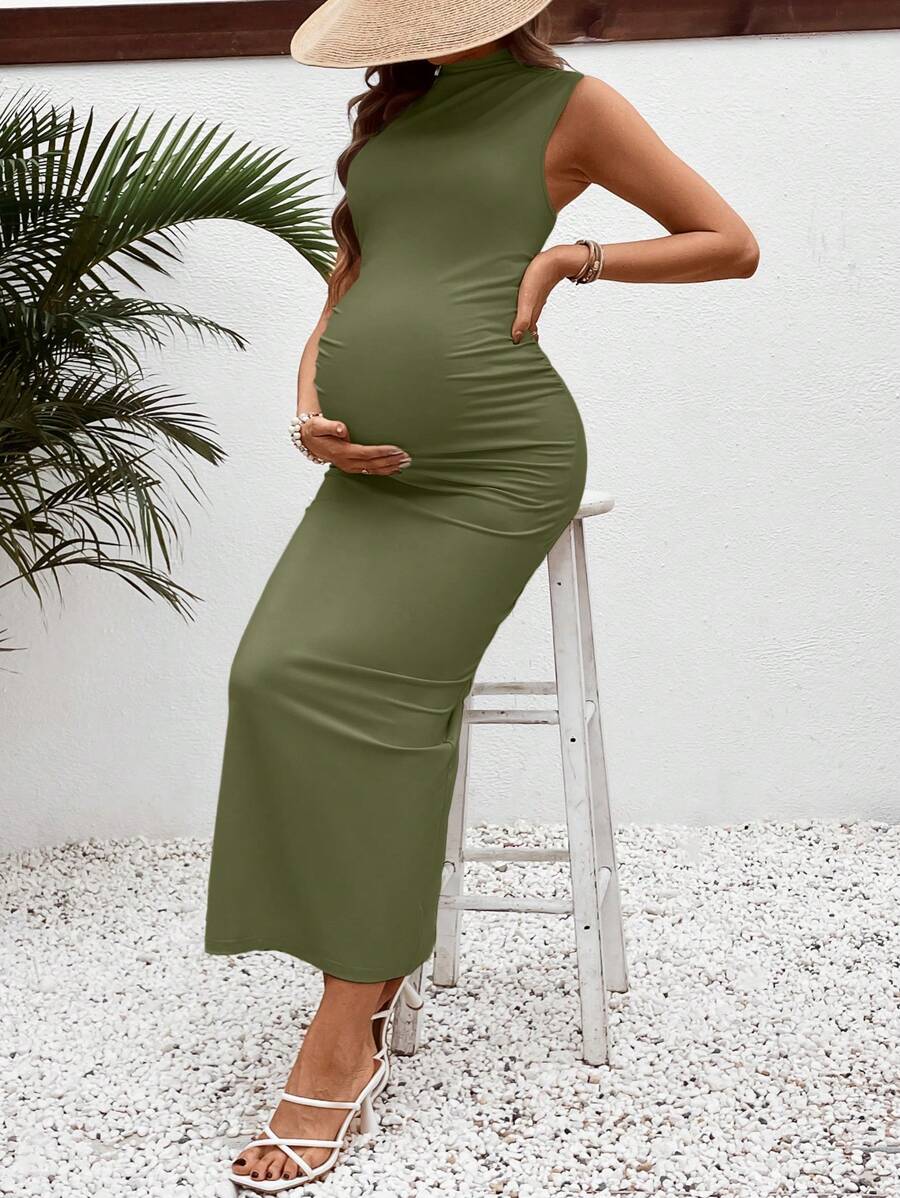 Maternity Casual V-Neck Fitted Long Ruched Tank Dress in Navy Blue - Slim Fit Sleeveless Knitted Beach Maxi for Summer