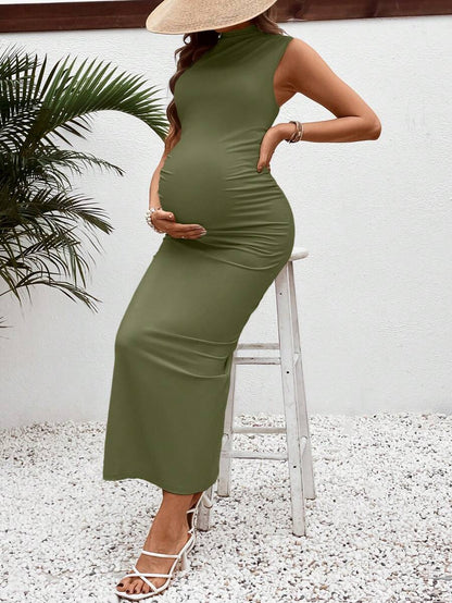 Maternity Casual Slim Fit Stand Collar Long Dress Sleeveless Ruched High Stretch Knitted Pencil Tank Dress for Daily Wear