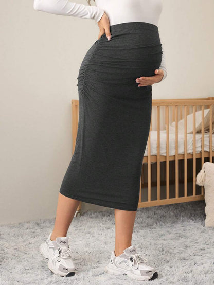 Maternity Elegant Ruched Midi Skirt High Waist Graceful Grey Pencil Skirt with Side Split for Daily Wear