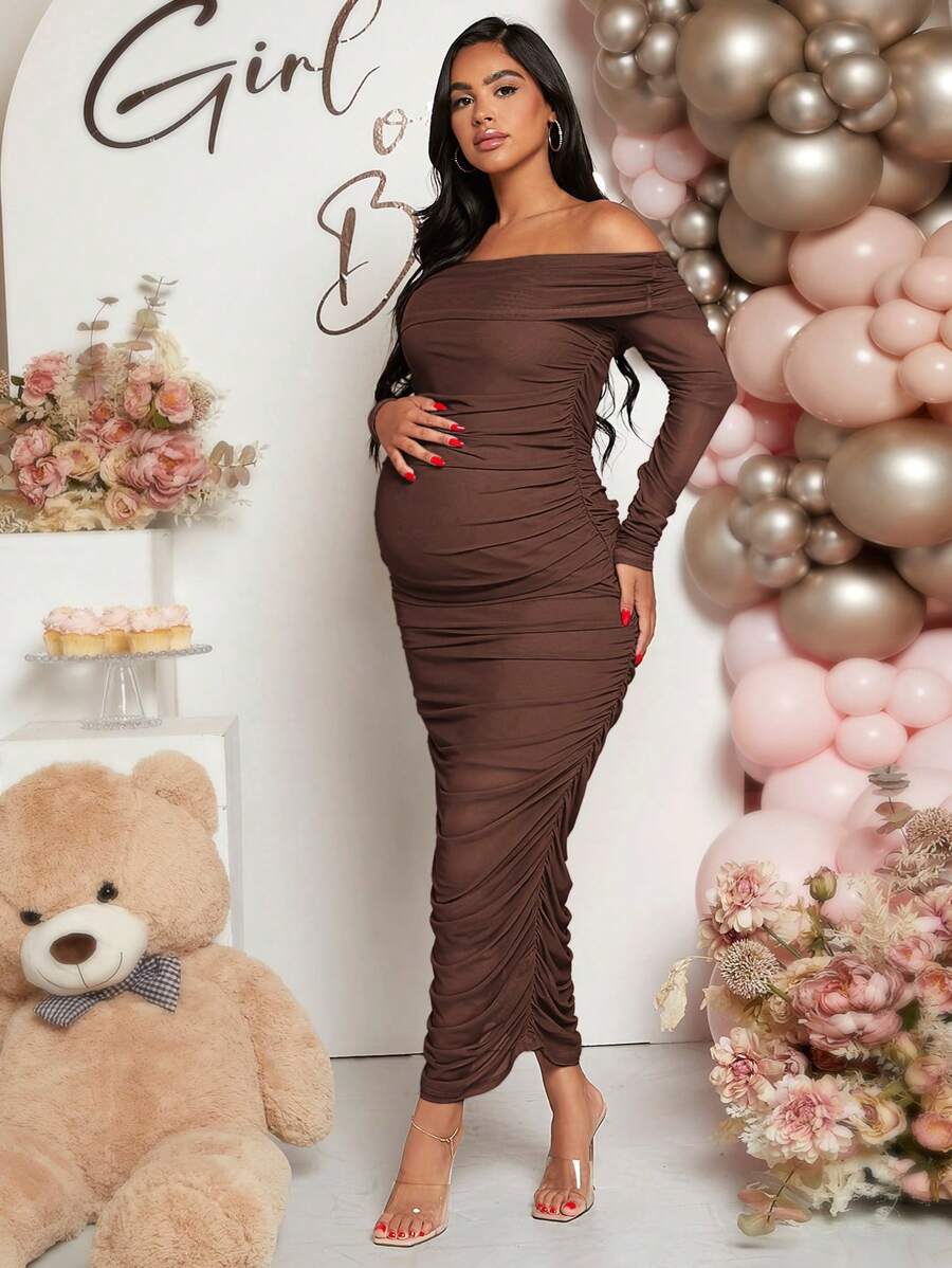 Maternity Solid Ruched Off Shoulder Long Sleeve Bodycon Dress for Baby Shower Green