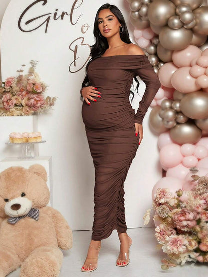Maternity Solid Ruched Off Shoulder Long Sleeve Bodycon Dress for Baby Shower Green