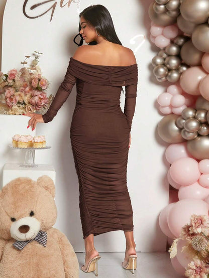 Maternity Solid Ruched Off Shoulder Long Sleeve Bodycon Dress for Baby Shower Green