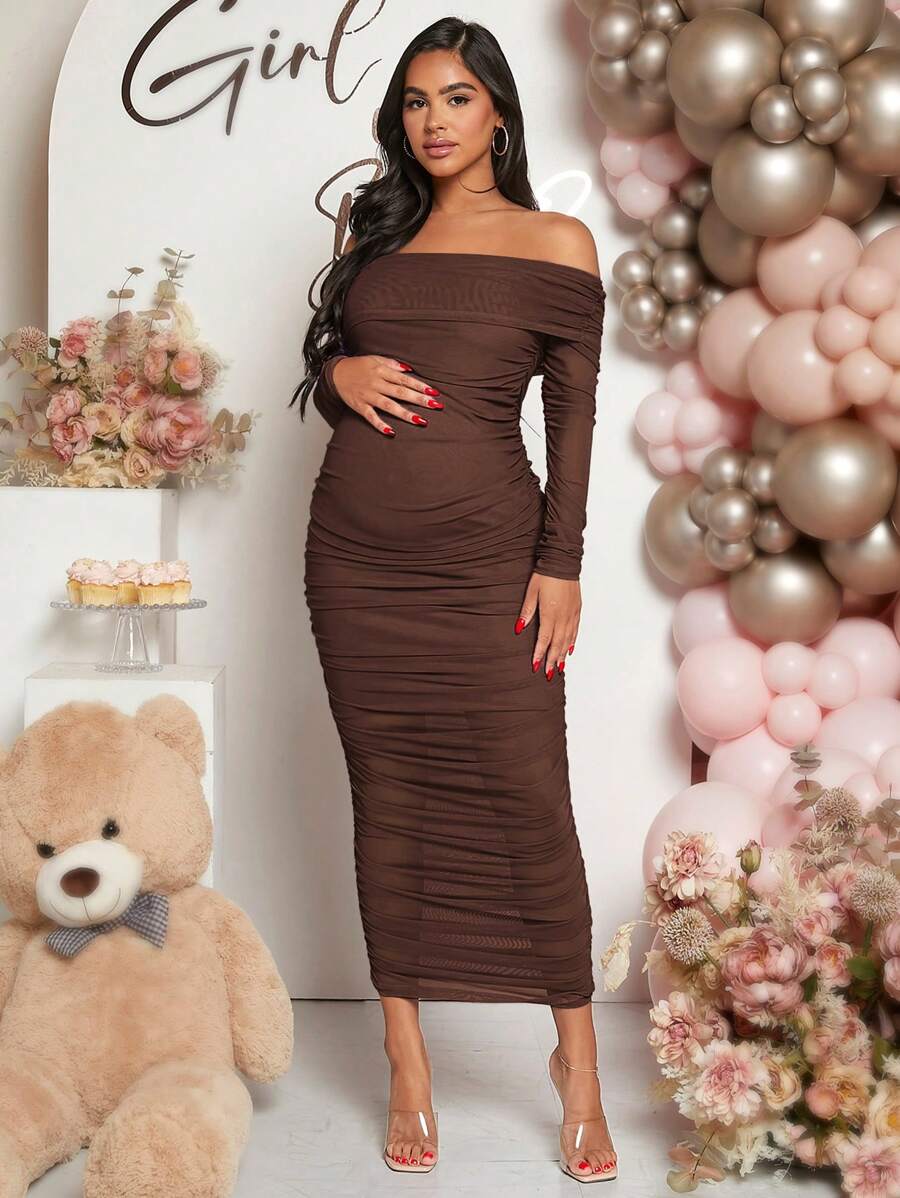 Maternity Solid Ruched Off Shoulder Long Sleeve Bodycon Dress for Baby Shower Green