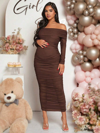 Maternity Solid Ruched Off Shoulder Long Sleeve Bodycon Dress for Baby Shower Green