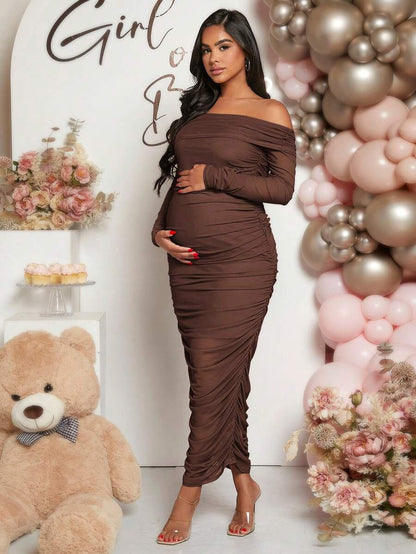 Maternity Solid Ruched Off Shoulder Long Sleeve Bodycon Dress for Baby Shower Green