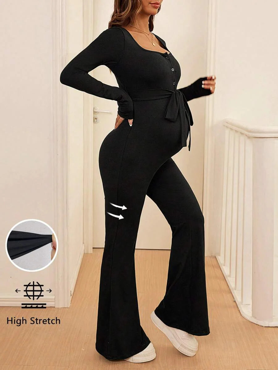 Maternity Solid Color Simple Long-Sleeved Jumpsuit