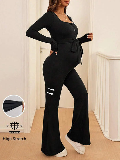 Maternity Solid Color Simple Long-Sleeved Jumpsuit
