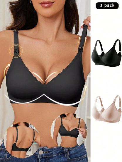 Maternity Nursing Bra 2 Pack - Seamless Solid Color Wireless Breastfeeding, Pregnancy Postpartum