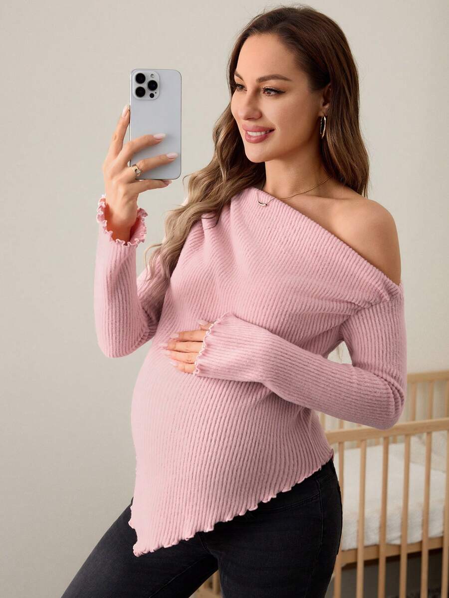 Asymmetrical Neckline Lettuce Hem Ruffle Maternity Long Sleeve T-Shirt - Autumn Winter