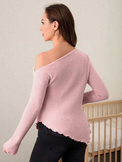 Asymmetrical Neckline Lettuce Hem Ruffle Maternity Long Sleeve T-Shirt - Autumn Winter