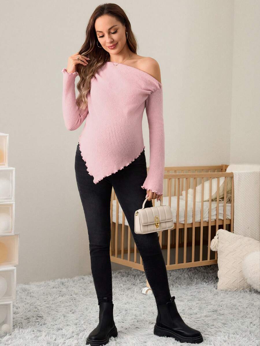 Asymmetrical Neckline Lettuce Hem Ruffle Maternity Long Sleeve T-Shirt - Autumn Winter
