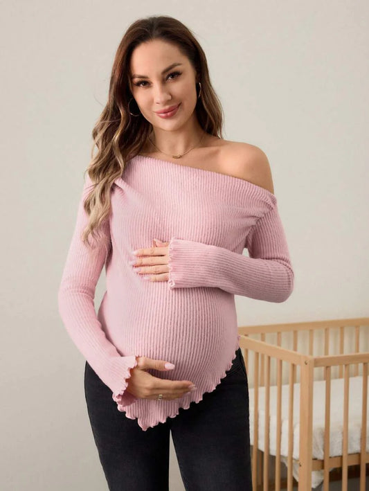Asymmetrical Neckline Lettuce Hem Ruffle Maternity Long Sleeve T-Shirt - Autumn Winter