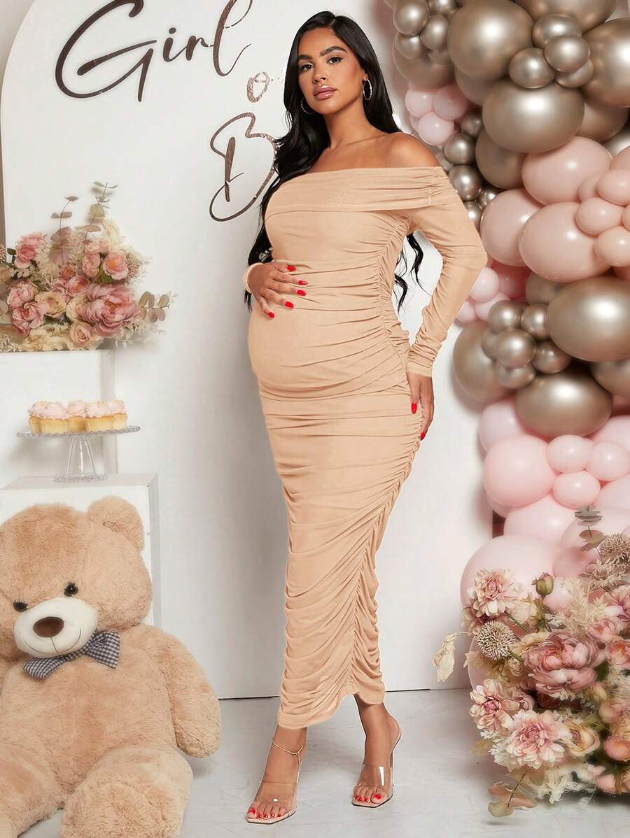 Maternity Solid Ruched Off Shoulder Long Sleeve Bodycon Dress for Baby Shower Green