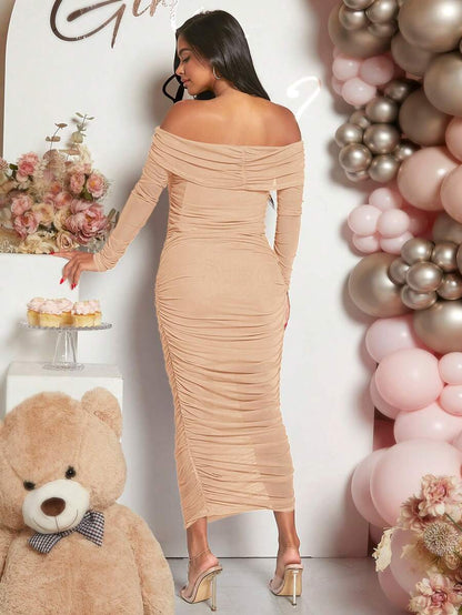 Maternity Solid Ruched Off Shoulder Long Sleeve Bodycon Dress for Baby Shower Green