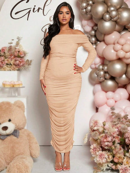 Maternity Solid Ruched Off Shoulder Long Sleeve Bodycon Dress for Baby Shower Green