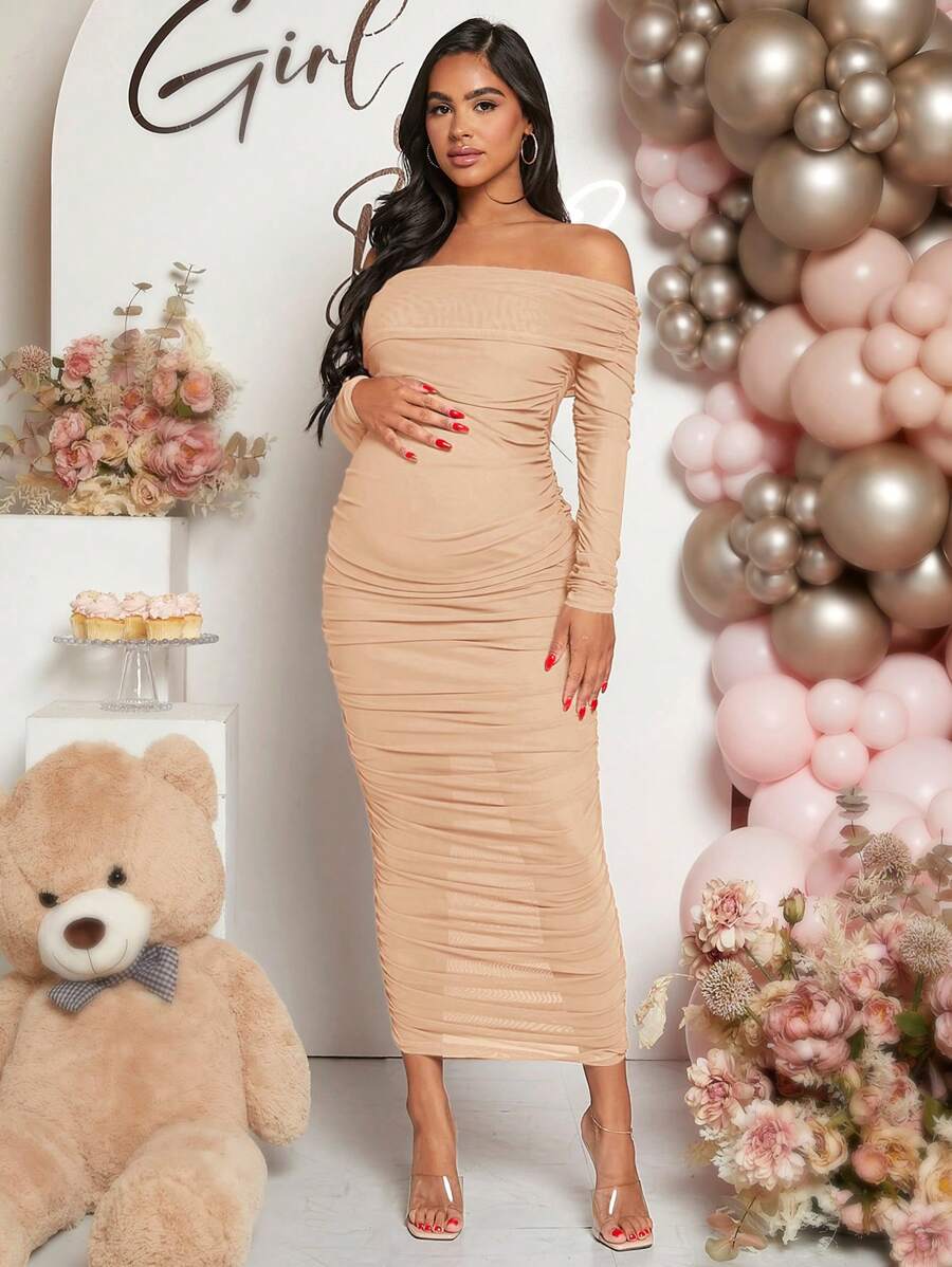 Maternity Solid Ruched Off Shoulder Long Sleeve Bodycon Dress for Baby Shower Green