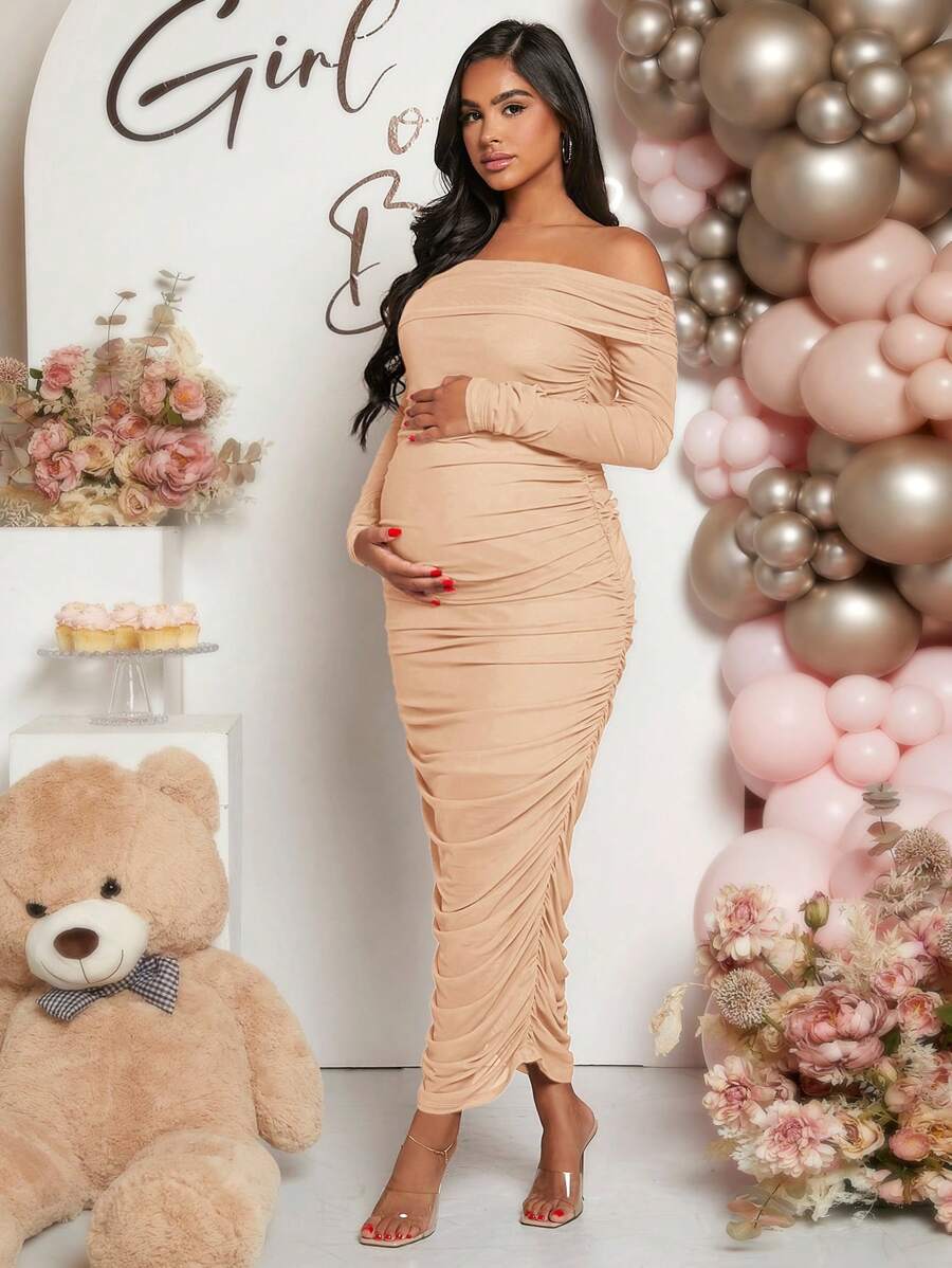 Maternity Solid Ruched Off Shoulder Long Sleeve Bodycon Dress for Baby Shower Green