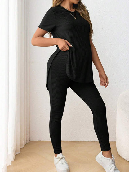 Navy Blue Maternity 2-Piece Set with Side Slit Short Sleeve Tee and Adjustable Waist Loose Legging Pants