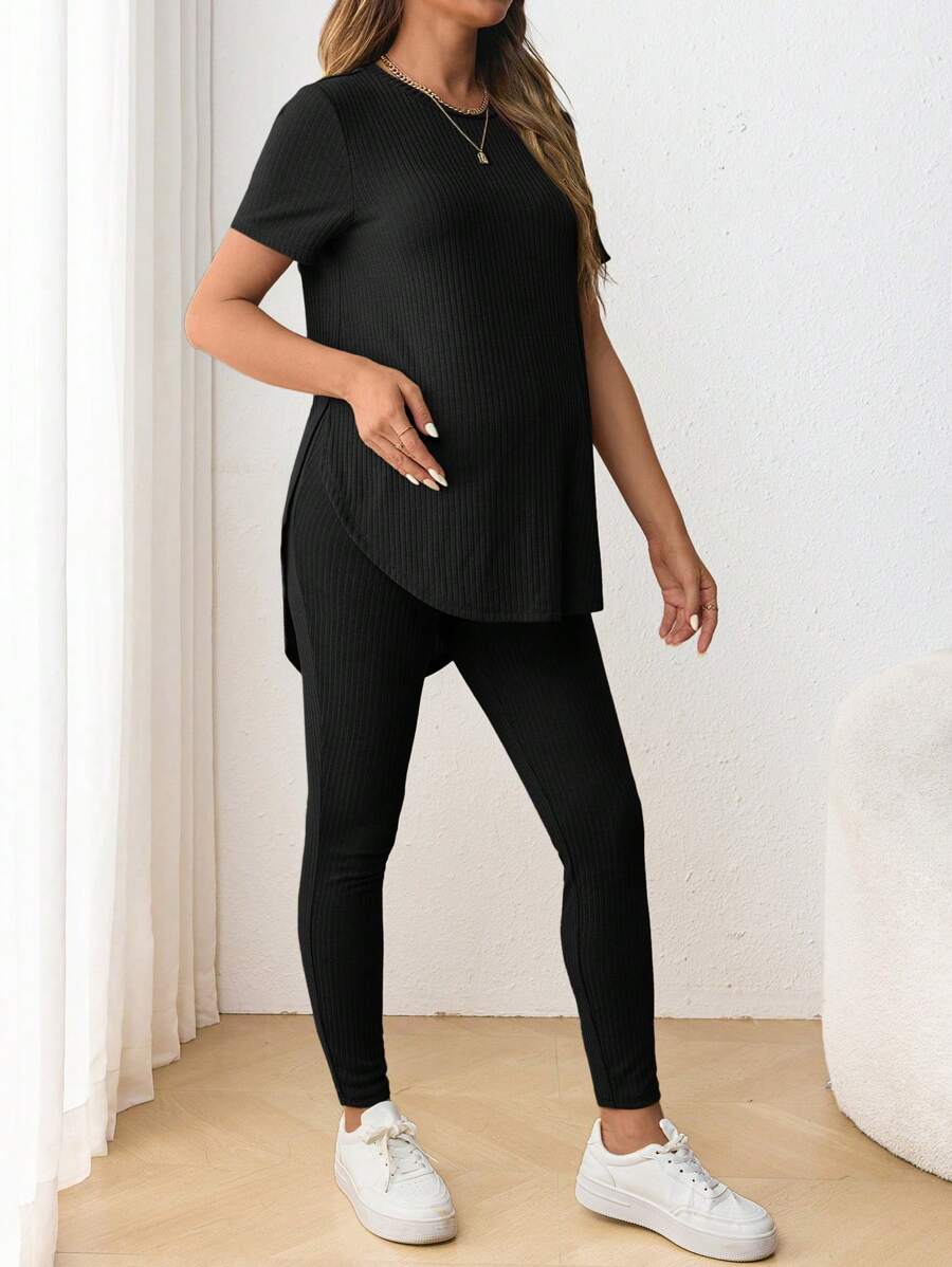 Navy Blue Maternity 2-Piece Set with Side Slit Short Sleeve Tee and Adjustable Waist Loose Legging Pants