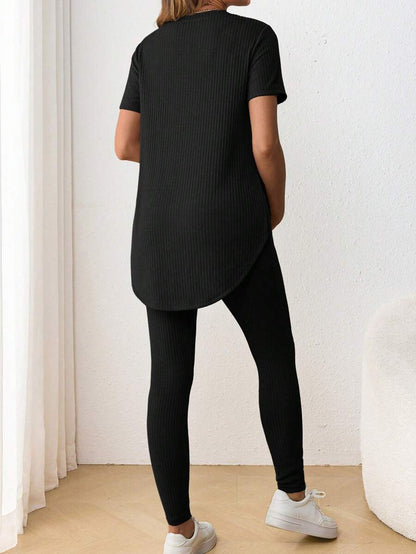 Navy Blue Maternity 2-Piece Set with Side Slit Short Sleeve Tee and Adjustable Waist Loose Legging Pants