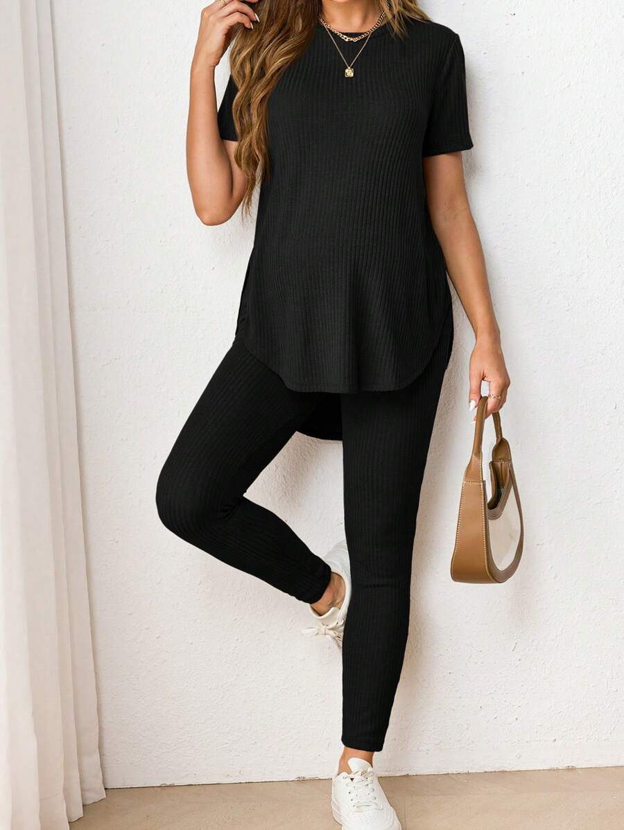 Navy Blue Maternity 2-Piece Set with Side Slit Short Sleeve Tee and Adjustable Waist Loose Legging Pants
