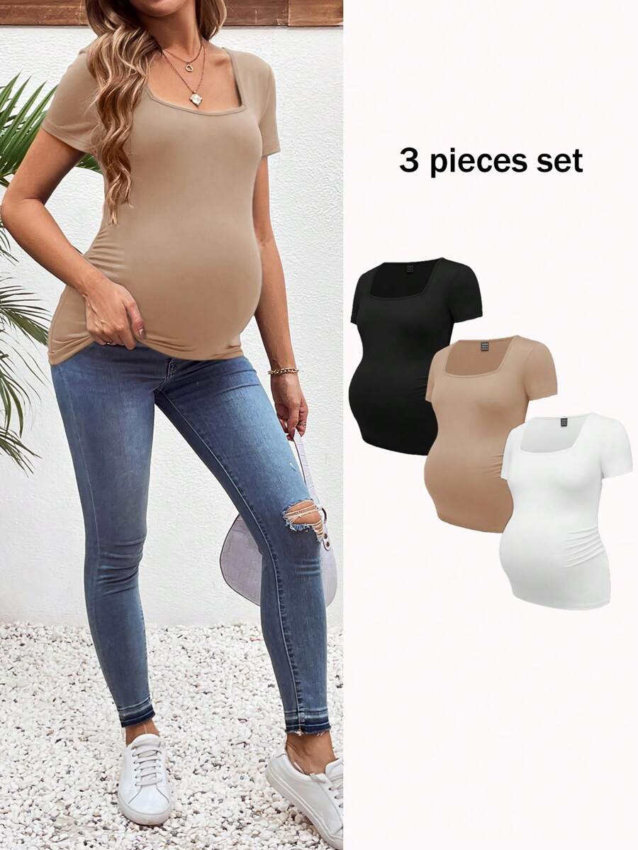 3-Piece Maternity Ribbed Knit Short Sleeve T-Shirt Set - Black White Gray Scoop Neck Fitted Pregnancy Basics