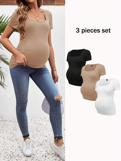 3-Piece Maternity Ribbed Knit Short Sleeve T-Shirt Set - Black White Gray Scoop Neck Fitted Pregnancy Basics