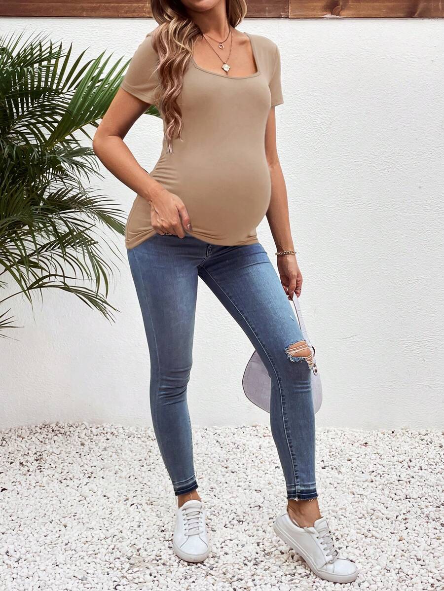 3-Piece Maternity Ribbed Knit Short Sleeve T-Shirt Set - Black White Gray Scoop Neck Fitted Pregnancy Basics