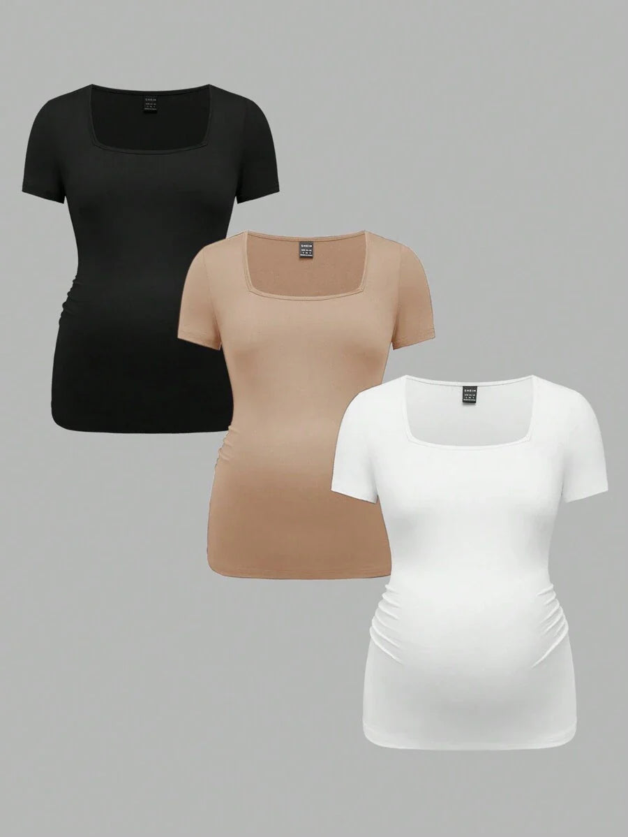 3-Piece Maternity Ribbed Knit Short Sleeve T-Shirt Set - Black White Gray Scoop Neck Fitted Pregnancy Basics