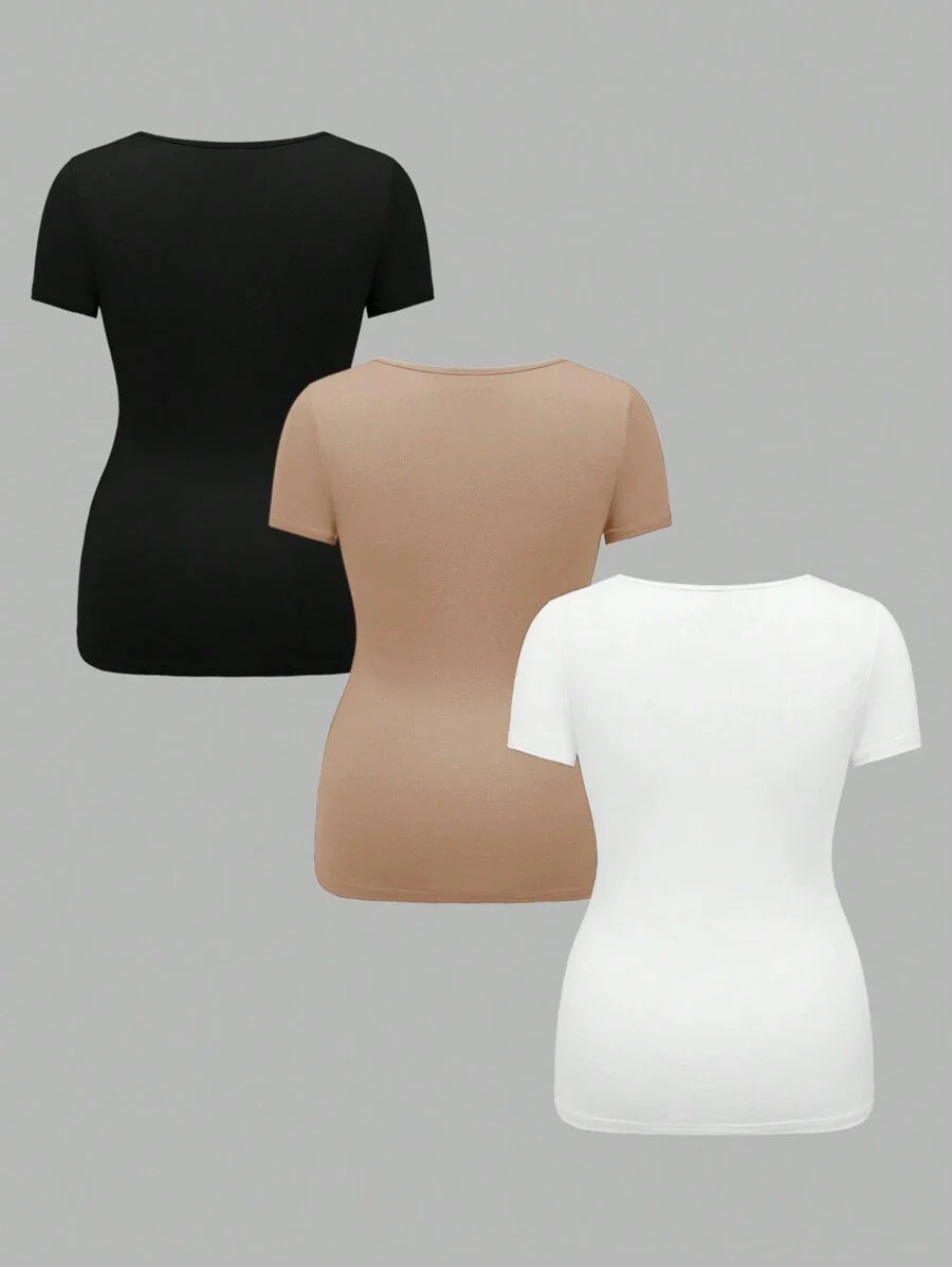 3-Piece Maternity Ribbed Knit Short Sleeve T-Shirt Set - Black White Gray Scoop Neck Fitted Pregnancy Basics