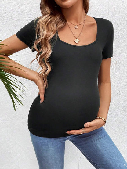 3-Piece Maternity Ribbed Knit Short Sleeve T-Shirt Set - Black White Gray Scoop Neck Fitted Pregnancy Basics