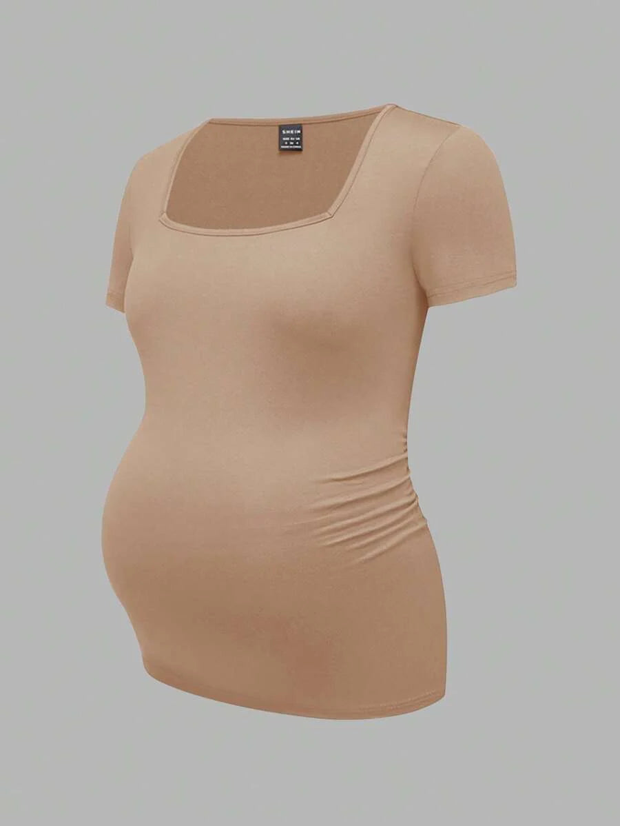 3-Piece Maternity Ribbed Knit Short Sleeve T-Shirt Set - Black White Gray Scoop Neck Fitted Pregnancy Basics