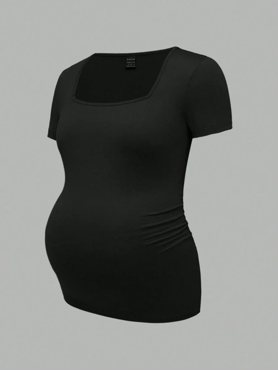 3-Piece Maternity Ribbed Knit Short Sleeve T-Shirt Set - Black White Gray Scoop Neck Fitted Pregnancy Basics