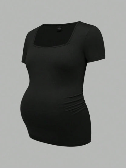 3-Piece Maternity Ribbed Knit Short Sleeve T-Shirt Set - Black White Gray Scoop Neck Fitted Pregnancy Basics
