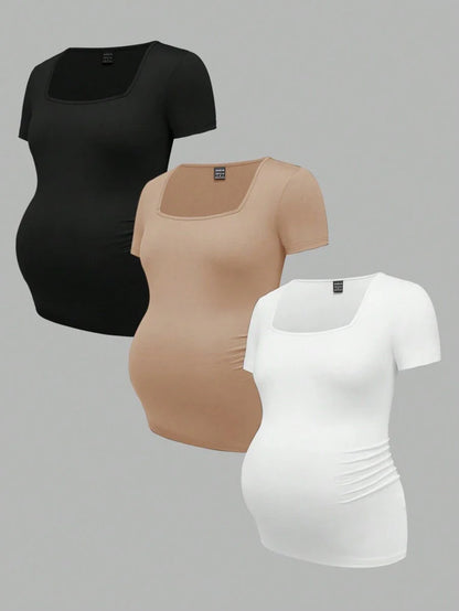 3-Piece Maternity Ribbed Knit Short Sleeve T-Shirt Set - Black White Gray Scoop Neck Fitted Pregnancy Basics