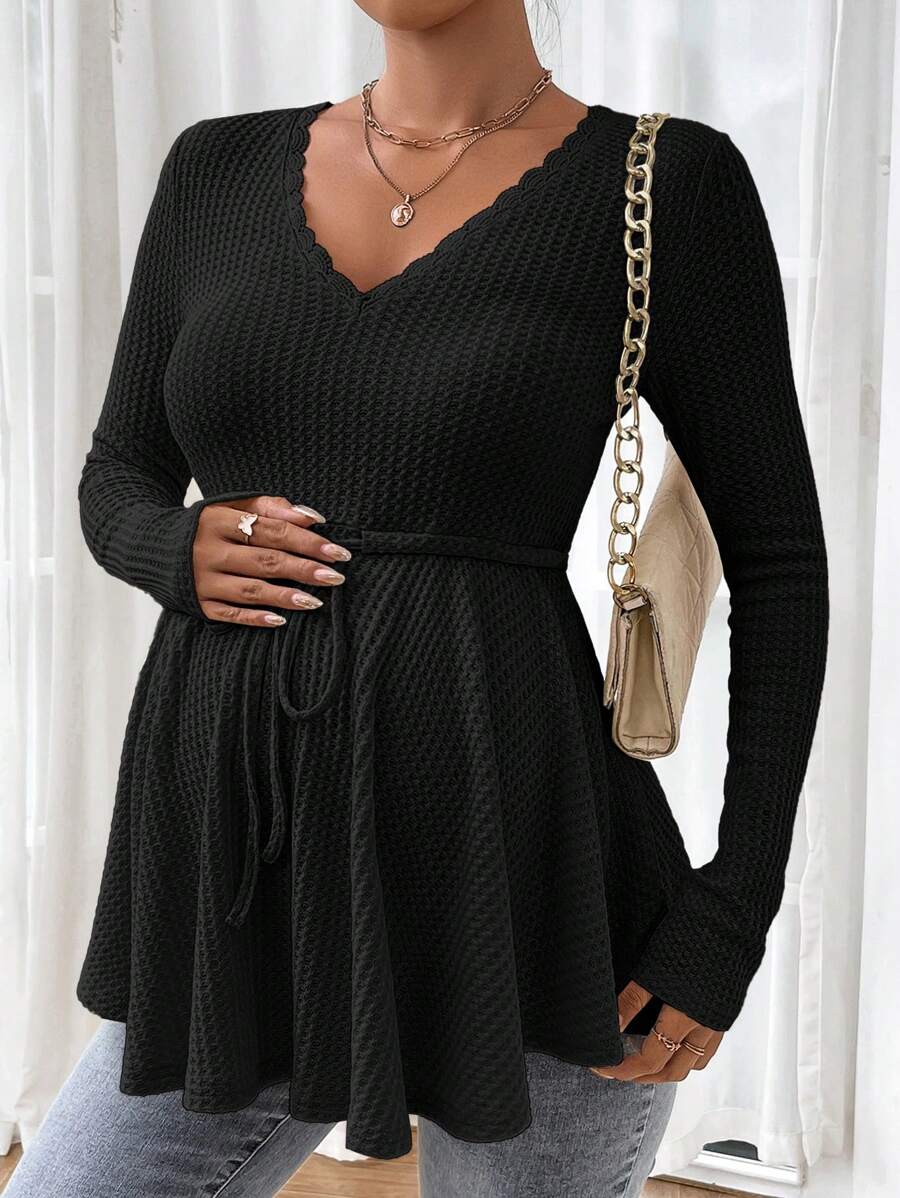 Maternity Khaki Deep V Neck Long Sleeve T-Shirt Loose Fit Belted Flared Hem Knitted Maternity Top for Fall
