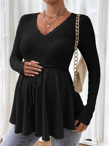 Maternity Khaki Deep V Neck Long Sleeve T-Shirt Loose Fit Belted Flared Hem Knitted Maternity Top for Fall